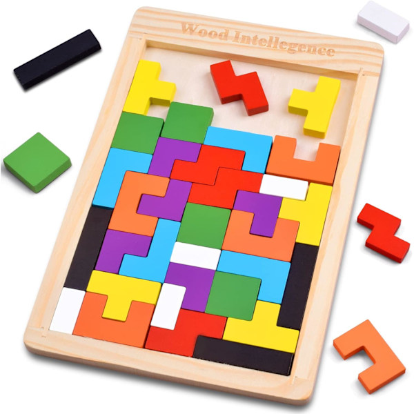 Träpussel för barn i åldrarna 4-8 8-10 Tjocka färgglada 3D-block och hjärnteaser Tangram Jigsaw Intelligensspel Pedagogisk gåva