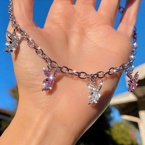 Halskjede i rustfritt stål med strass Playboy kaninanheng Punk kjede Choker for kvinner