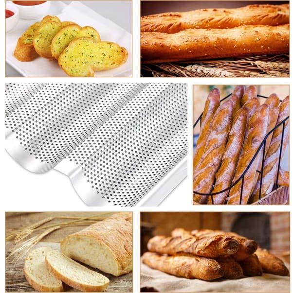 Perforeret fransk baguette-bageplade, 38x25 cm 3-bølget bageplade til ovn, rustfrit stålbageplade, 2-pak 2-Pack