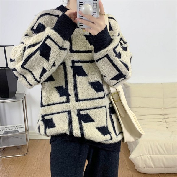 Dam tröja oversized crewneck lös pullover chunky tröja stickad tröja toppar