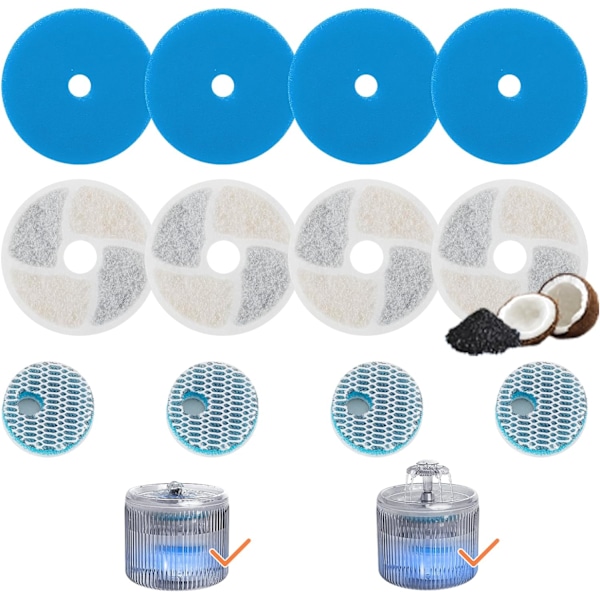 Filterset för husdjursfontän, 4-pack med 3-stegs filtreringssystem, ersättningsfilter för kattvattenfontän för 88oz/2,6L automatisk husdjursfontän Filter Sets