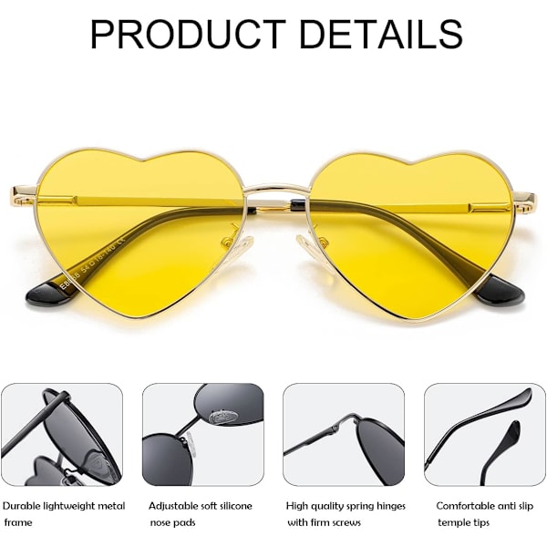 Polariserte hjerteformede solbriller for kvinner, mote, stilig stil, metallramme, UV400-beskyttelseslinse Gold Yellow 54 Millimeters