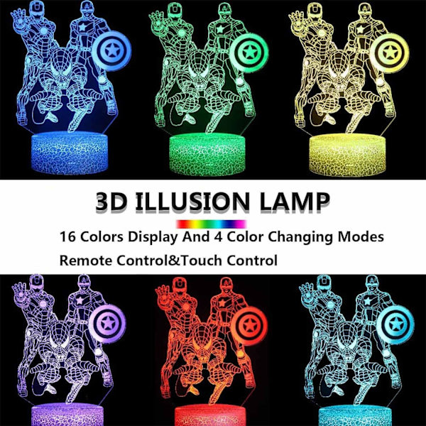 Superhelt 3D Natlampe, 3D Illusion Lampe med 16 Farveændringer Fjernbetjening, USB Bærbar Berørings LED Natlampe, Julegave Fødselsdagsgave