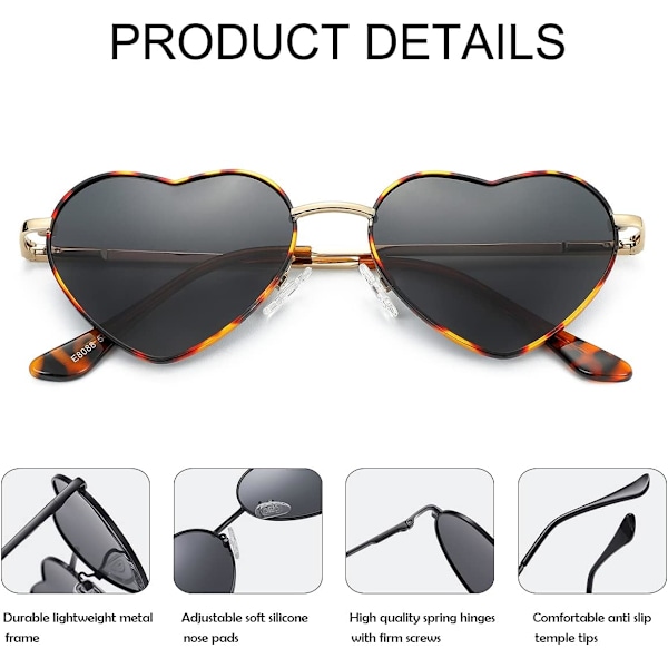 Polariserte hjerteformede solbriller for kvinner, mote, stilig stil, metallramme, UV400-beskyttelseslinse Tortoise Grey 54 Millimeters