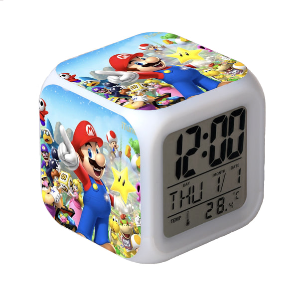 R-timer Super Mario Bros 7-färgad digital väckarklocka med tid, temperatur, alarm, datum
