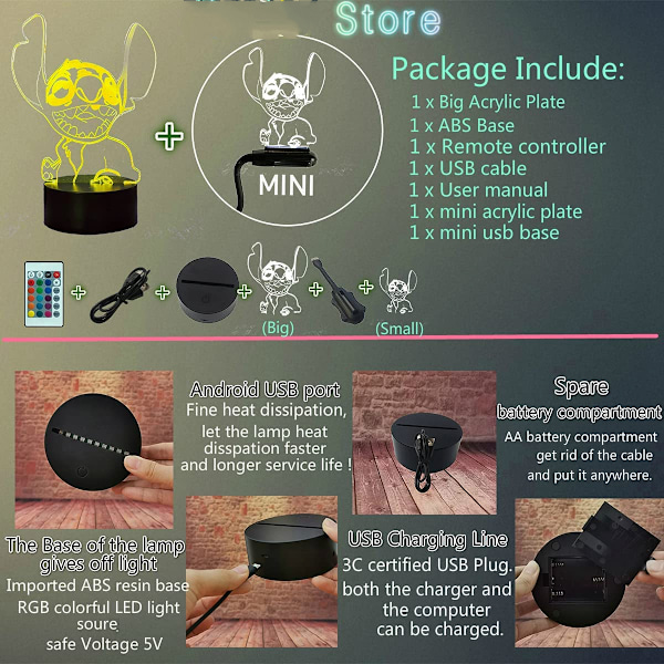 Rolig tecknad söt Lilo och Stitch Glad Elvis Teddy Dog Stitch Figurer 7 Färgbyte USB Touch och Fjärrkontroll Nattlampa Pojkars Sovrums Dekoration