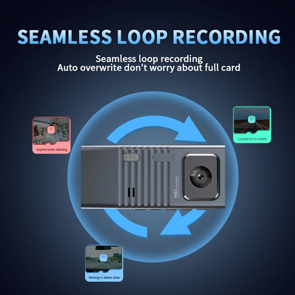 Dashcam - Fram och bak inuti 1080P Dashkamera för bilar, 3-kanals dashcam trevägs bilkamera med infrarött nattseende, loop-inspelning, APP