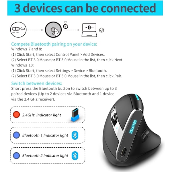 Trådløs Bluetooth Ergonomisk Vertikal Mus Programmerbare Tilpassede Knapper Indbygget Hukommelse USB Computermus til Kontor Spil Højre Hånd PC Mus