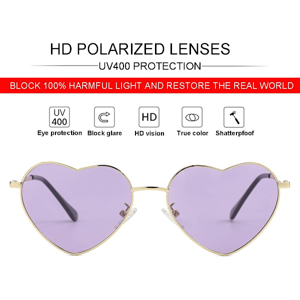 Polariserte hjerteformede solbriller for kvinner, mote, stilig stil, metallramme, UV400-beskyttelseslinse Gold Purple 54 Millimeters