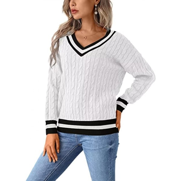 Naisten kaapeli neulottu V-kaulapaita rento pitkähihainen pusero löysä olkapää Jumper Top, pehmeä, mukava ja ihoystävällinen.