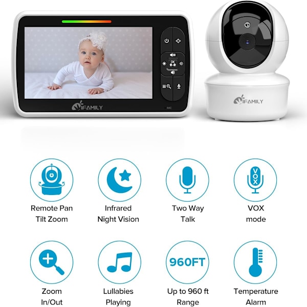 Babyalarm - Stor 5\" skærm med 30 timers batterilevetid - Fjernbetjent panorering-tilt-zoom; Ingen WiFi, tovejs lyd, nattesyn, temperatur, vuggeviser, 960ft Lo