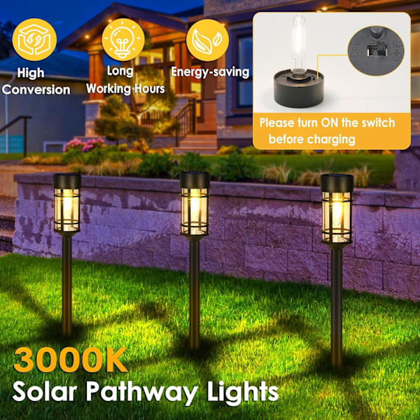 Solcelle-stilys, 8-pak LED-solcellelys utendørs vanntett, glass solcelle-hagelys landskapsbelysning for hageplen gangvei oppkjørsel, 3000K