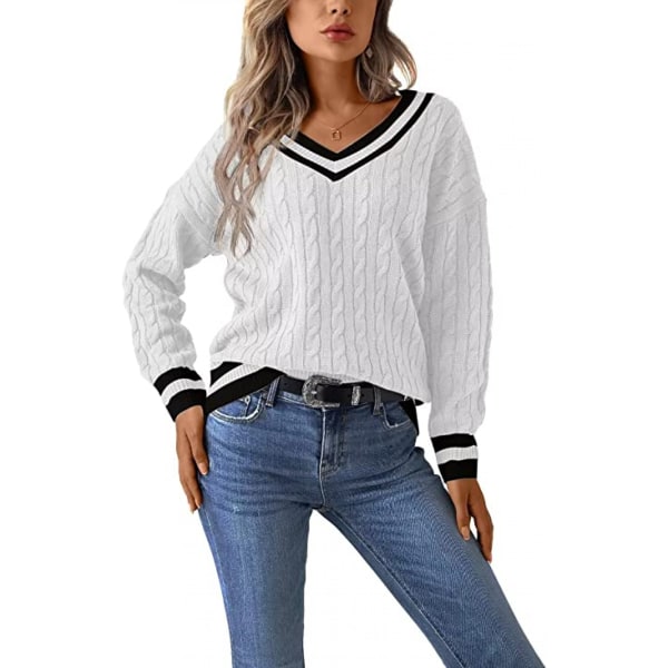 Dame kabelstrikket V-hals genser casual langærmet pullover løs off shoulder genser topp, myk, komfortabel og hudvennlig.