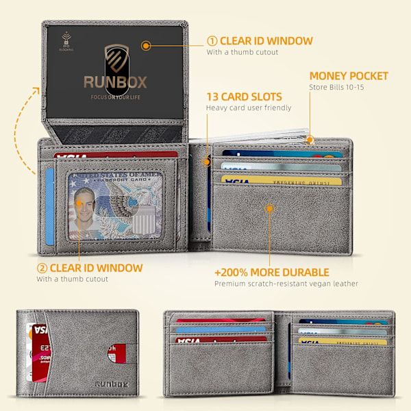 Herre Wallets Kortholder Slim Rfid Læder 2 ID Vindue Med Gaveæske Classic grey