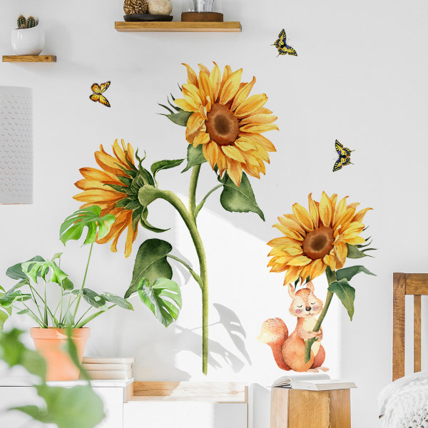 Solros Fjäril Ekorre Väggdekaler Trädgård Blommor Väggklistermärken Sovrum Vardagsrum TV Väggkonst Dekor