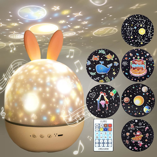 Night Light for Kids,Rotating Starry Night Light Projector with Remote Control,6 Films,USB Rechargeable,Soothe Musics,Bedside Lamp Nursery Light