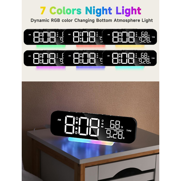 Ekstra høj vibrerende vækkeur med sengevibrator til tunge sovende, hørehæmmede døve, justerbar lydstyrke, dæmper, stort LED-digitalt display med RGB-natlys Black