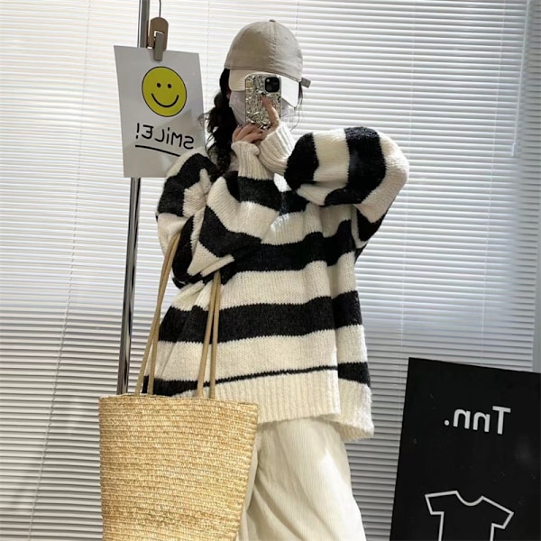 Damtröjor Casual Lång Lykta Ärm Besättning Hals Stickad Pullover Randig Jumper Toppar Blus
