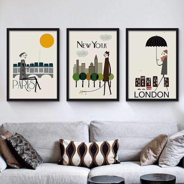 Wekity Minimalistisk stadsbild 4 väggkonst canvas tryck affisch, enkel mode akvarell konst ritning dekor för hem vardagsrum sovrum kontor och C