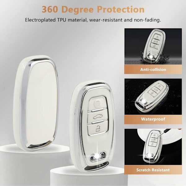 PIFOOG Nyckelringsskydd för Audi 4 knappar TPU Mjukt Nyckelfodral Skal Bling Nyckelring Biltillbehör för Audi Girly Kvinnor Vit Silver