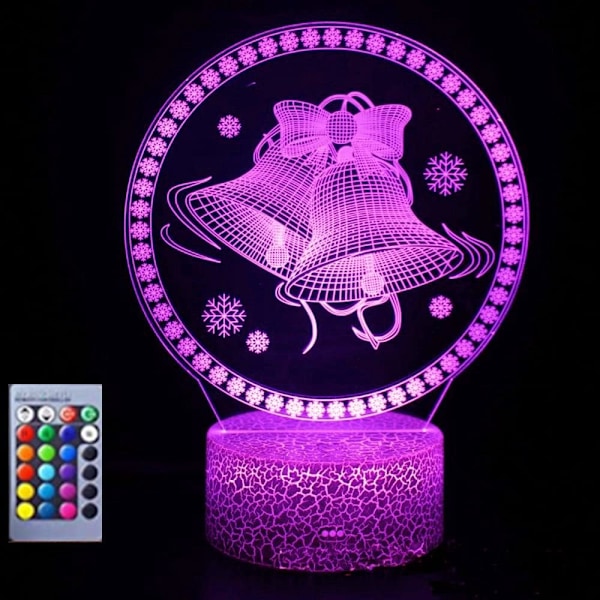 3D Juleklokke Natlys Lampe Illusion 16 Farveskiftende Bordskrive Dekoration Lamper Gave med Akryl Flad ABS Base USB Kabel Legetøj