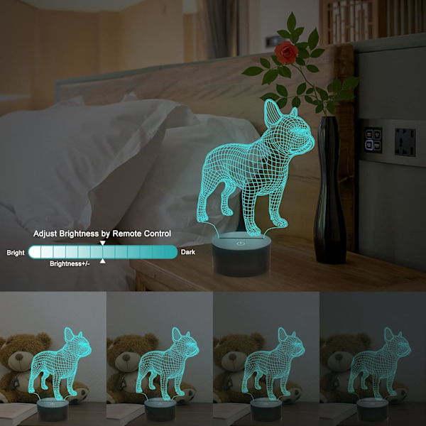 3D Fransk Bulldog Nattlampa, 16 Färger Växlande Optisk Illusionlampa med Fjärrkontroll Födelsedag Jul Alla Hjärtans Dag Present Idé för Småbarn Pojkar Flickor