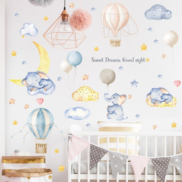 Söpöjä Elephant Cloud Moon -seinätarroja, irrotettavat tee-se-itse-ilmapallotähti-seinätarrat, lastenhuoneen makuuhuoneeseen olohuoneen seinän tausta