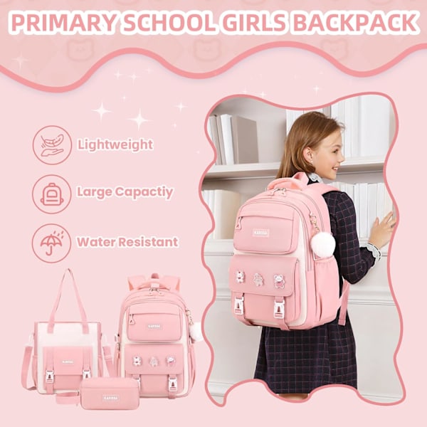 Ryggsäck för flickor, 3-pack set med ryggsäck för flickor med stöldskyddad bakficka, vattentålig toteväska med pennfodral för grundskolan 3pcs Set-pink L