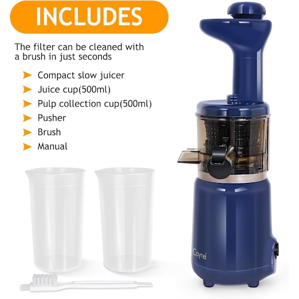 Kompakt og bærbar kaldpresset juice, masticerende sakte juicer med 1,77” ekstra bred innløps trakt for frukt og grønnsaker, inkluderer børste