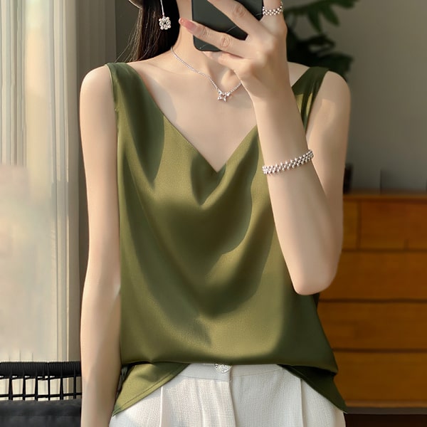 Silke Silke Skulderrem Dame Vest 2024 Sommer Ny Slim-fit V-hals Kort Elegant Inder Top T-shirt Fruit Green M