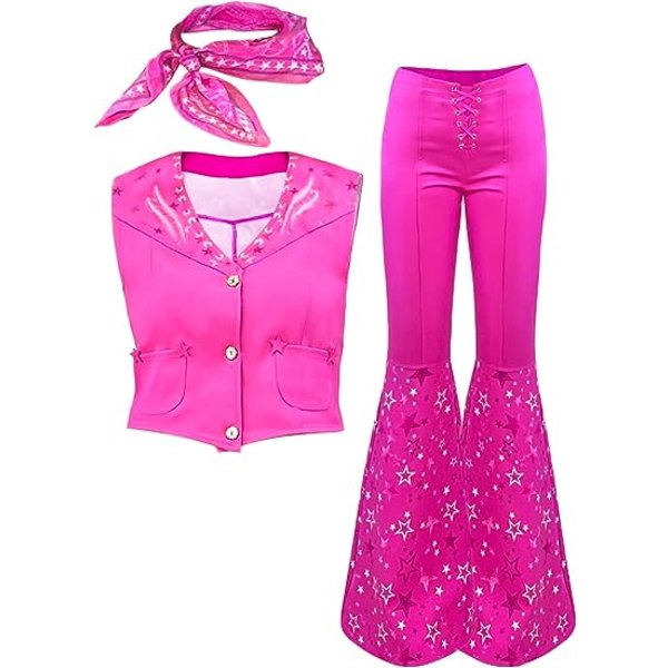 Cowgirl Outfit 70s 80s Hippie Disco Kostym Rosa Flare Byxor Halloween Cosplay För Kvinnor Flickor Barbiee Kostym xl