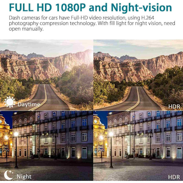 Dashcam, Dashcam fram och bak, 4 tums dashkamera för bilar, 1080P, 170° vidvinkel, nattseende WDR G-sensor parkeringsövervakning loopinspelning Mot