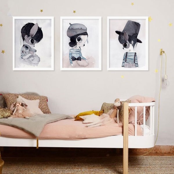 Wekity Rabbit Girl and Boy Wall Art Canvas Print Juliste, Yksinkertainen söpö akvarellitaidepiirustussisustus kotiin Olohuoneeseen Makuuhuoneeseen Toimisto- ja Lastenhuone