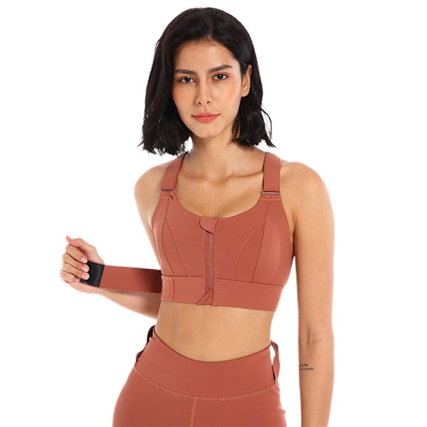 Kvindernes High Impact Wirefree Zip Front Cross Back Support Workout Sports Bra-Rød(3XL)
