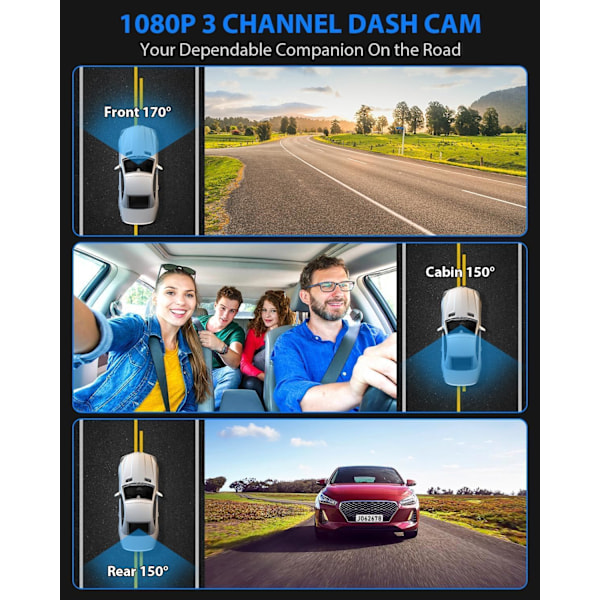 Dash Cam, 3-kanals dashcam, 1080P dashcam foran og innvendig, trippel dashcam, dashkamera med 32 GB-kort, HDR, G-sensor, 24-timers parkering, løkkeopptak