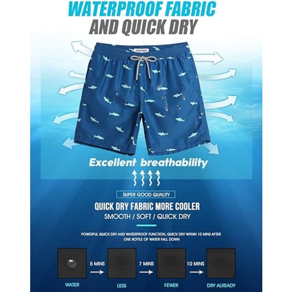 Badbyxor för män 7 tum Snabbtorkande tryckta shorts med meshfoder Badkläder 5 Blue Shark M