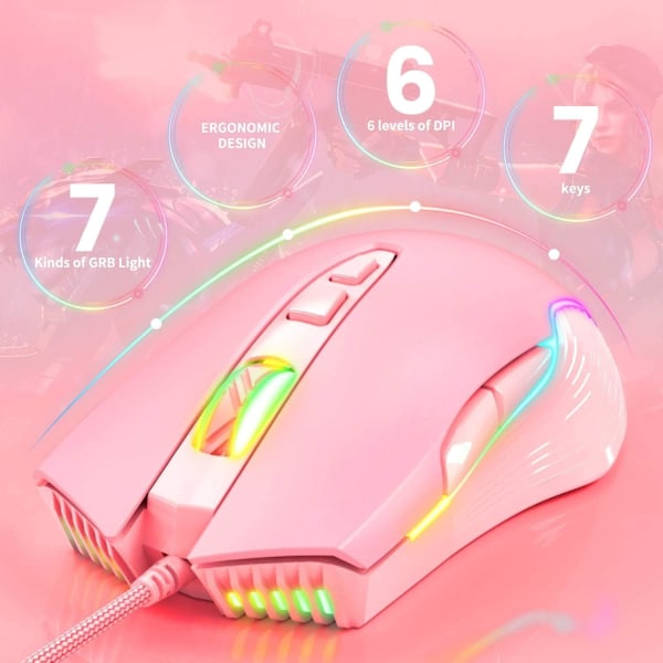 RGB Spelmus Trådbunden, USB Optisk Datormus med RGB Bakgrundsbelysning, 6 Justerbara DPI Upp till 6400, med 7 Programmerbara Knappar Pink