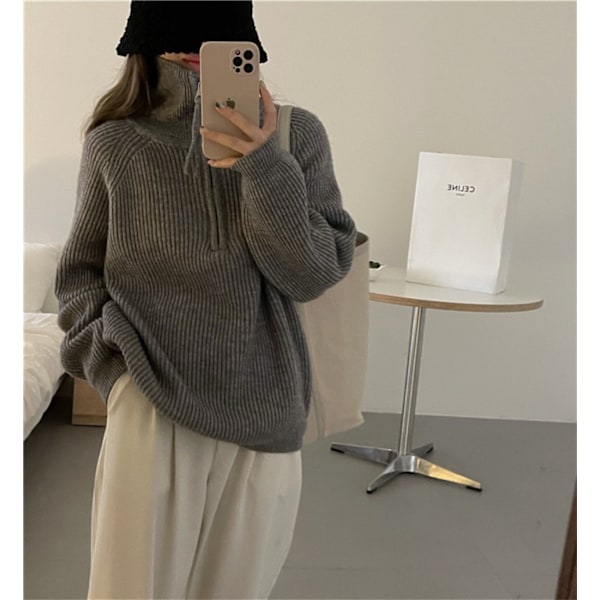 Dam långärmad 1/4 dragkedja krage stickad pullover tröja randig V-ringning lös casual jumper toppar