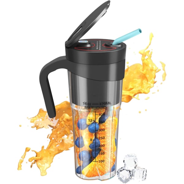 Bærbar Blenderkopp Personlig Størrelse Juicer Ledningsfri Vanntett 470ml/16oz 6 Blader Egnet for Juice Smoothies Shakes LB40 Black