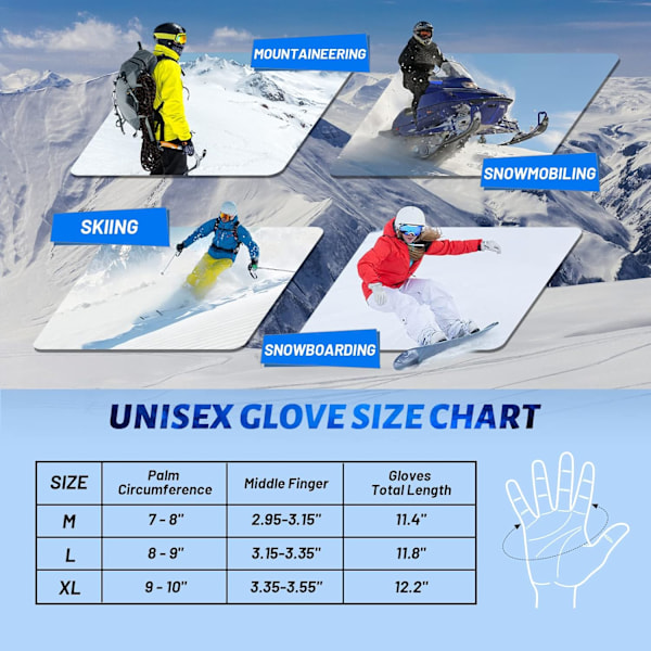 Unisex Vattentäta Touchscreen Skidhandskar för Män Kvinnor, 3M Thinsulate Vinter Snöhandskar med Fick, XL