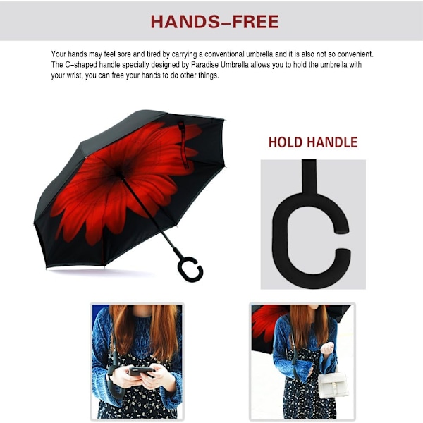 49 tommers omvendt paraply med dobbelt lag og vindtett design, ekstra stor dobbel baldakin ventilert vindtett vanntett paraply med C-formet håndtak. Red Daisies 49 Inch