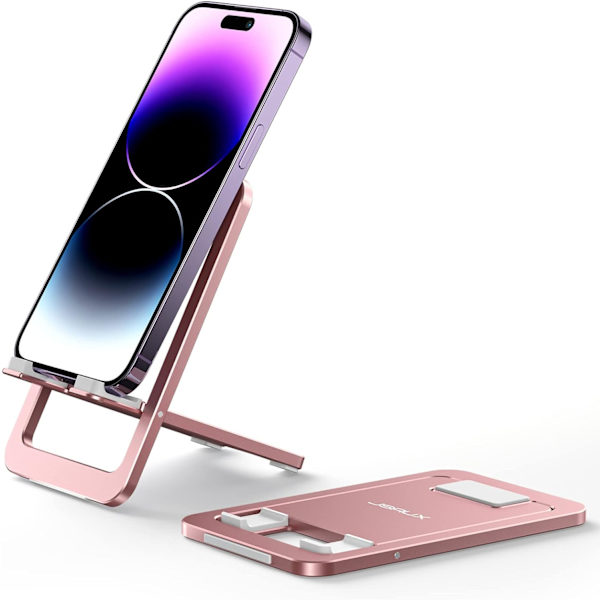 Mobiltelefonhållare, hopfällbar justerbar aluminium resetelefonhållare för skrivbord, kompatibel med iPhone 15 14 13 12 11 Pro Max X Xr Samsung S22 S21 Pink