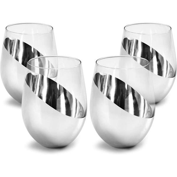 MyGift Modern Accent Stemless Vinglas Set, Rödvinsglas Set om 4 Silver