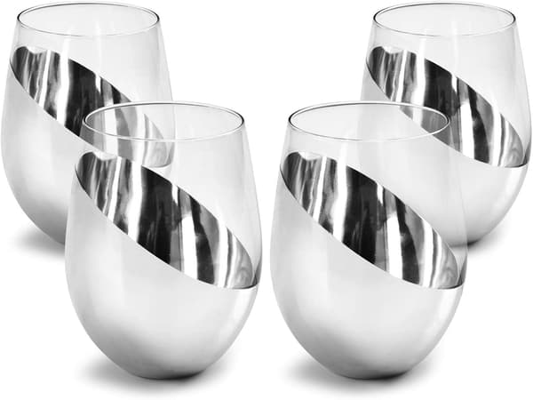 MyGift Moderne Accent Stemless Vinglas Sæt, Rødvinglas Sæt af 4 Silver