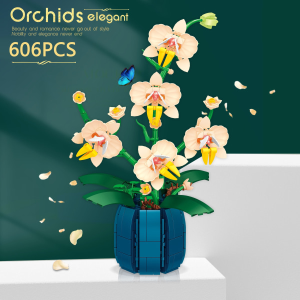 606 stycken orkidé bukett kombination byggstenar för vuxen skrivbordsdekoration Vackra gyllene orkidé byggstenar för barnens semestergåvor