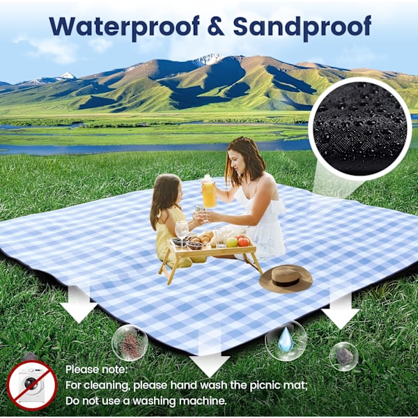 80\"x 80\" Ekstra Stort Picnic Tæppe, Vandtæt og Foldbart Strandtæppe, 3-Lags Udendørs Tæppe til 6 til 8 Voksne, til Camping, blue and white