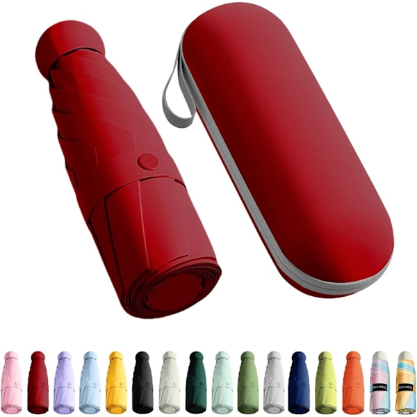 Resparaply - Mini hopfällbart kompakt paraply med fodral, 8 ribbor lätt bärbart paraply, litet sol- och regnfickparaply för flickor och kvinnor Wine Red
