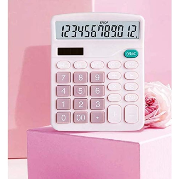 Kalkylator, 12-bit solbatteri dubbla strömförsörjning standardfunktion elektronisk kalkylator med stor LCD-skärm kontorskalkylator （Rosa）