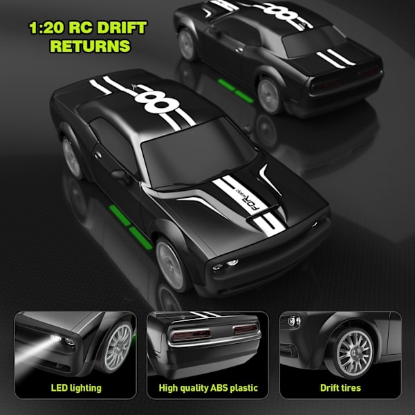 RC Driftbil 2.4GHz 1:20 Skala 4WD 20KM/H Højhastigheds Fjernstyret Bil med LED-lys Driftdæk 2 stk. Genopladelige Batterier Legetøjsbiler Black