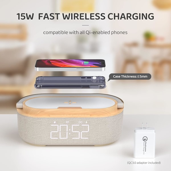 Bluetooth-högtalarväckarklocka med trådlös laddare, LED-nattlampa, 2500 mAh batteri - för sovrum, hem